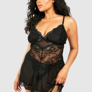 Womens Plus Strappy Lace & Mesh Babydoll - Black - L, Black