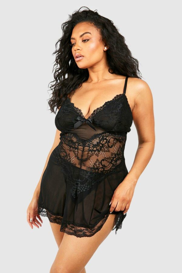 Womens Plus Strappy Lace & Mesh Babydoll - Black - L, Black