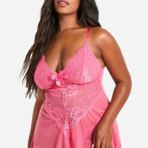 Womens Plus Strappy Lace & Mesh Babydoll - Pink - L, Pink