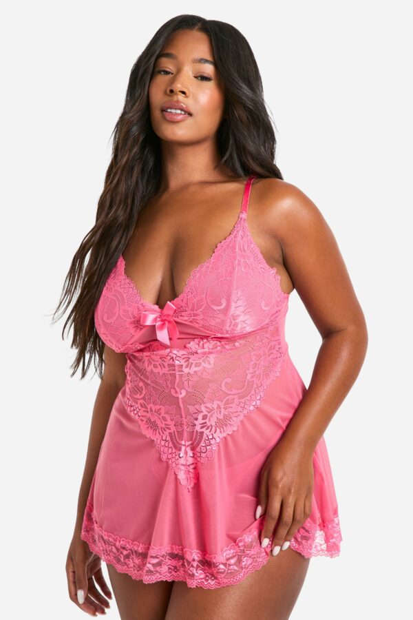 Womens Plus Strappy Lace & Mesh Babydoll - Pink - L, Pink