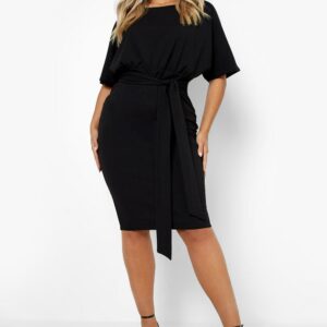 Womens Plus Tie Belt Kimono Sleeve Midi Dress - Black - 20, Black