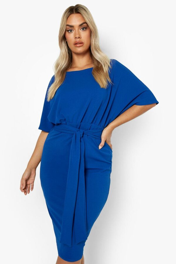 Womens Plus Tie Belt Kimono Sleeve Midi Dress - Blue - 28, Blue