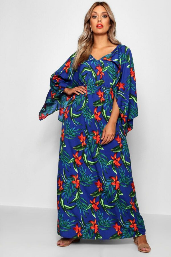 Womens Plus Tropical Kimono Sleeve Maxi Dress - Blue - 18, Blue