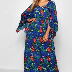 Womens Plus Tropical Kimono Sleeve Maxi Dress - Blue - 22, Blue