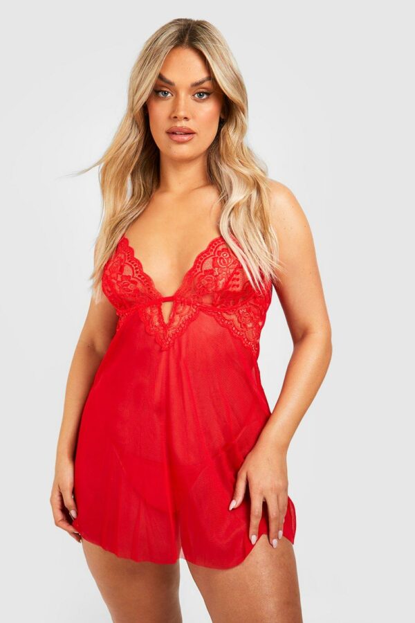 Womens Plus V Plunge Lace Babydoll - Red - 28, Red