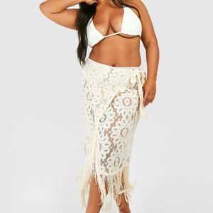 Womens Plus Wrap Tassel Hem Beach Skirt - White - 16, White