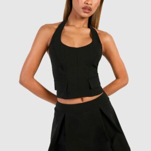 Womens Pocket Detail Halterneck Top & Pleated Mini Skirt - Black - 14, Black