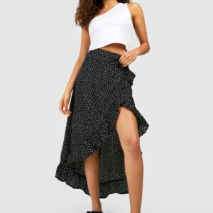 Womens Polka Dot Ruffle Wrap Maxi Skirt - Black - 10, Black