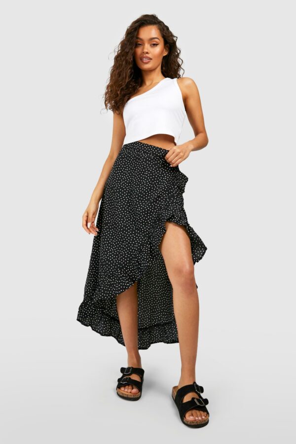 Womens Polka Dot Ruffle Wrap Maxi Skirt - Black - 10, Black