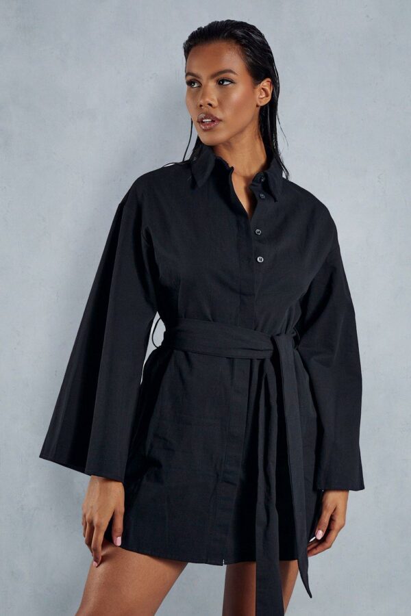 Womens Poplin Extreme Kimono Sleeve Belted Mini Shirt Dress - black - 8, Black