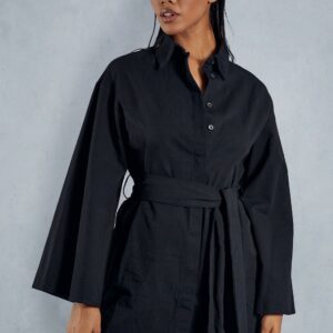 Womens Poplin Extreme Kimono Sleeve Belted Shirt Dress - black - 8, Black