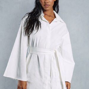 Womens Poplin Extreme Kimono Sleeve Belted Shirt Dress - white - 12, White