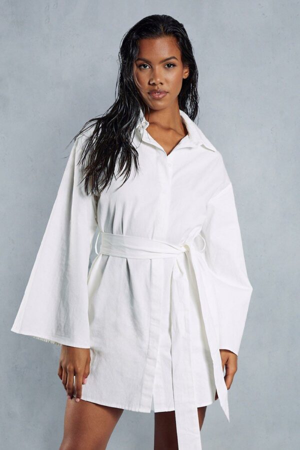 Womens Poplin Extreme Kimono Sleeve Belted Shirt Dress - white - 12, White