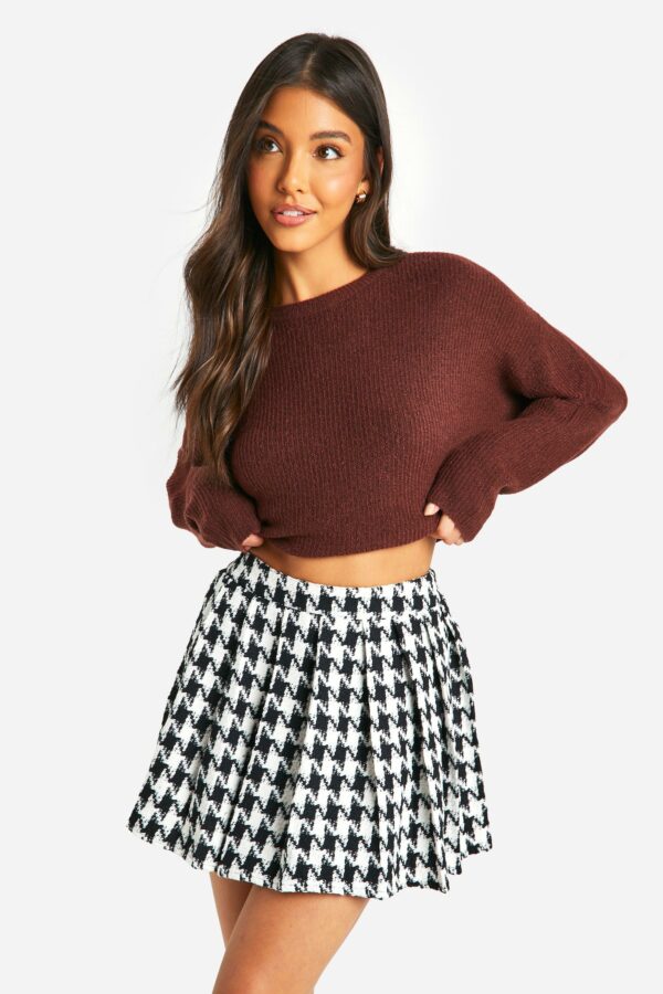 Womens Premium Houndstooth Pleated Boucle Mini Skirt - Black - 8, Black