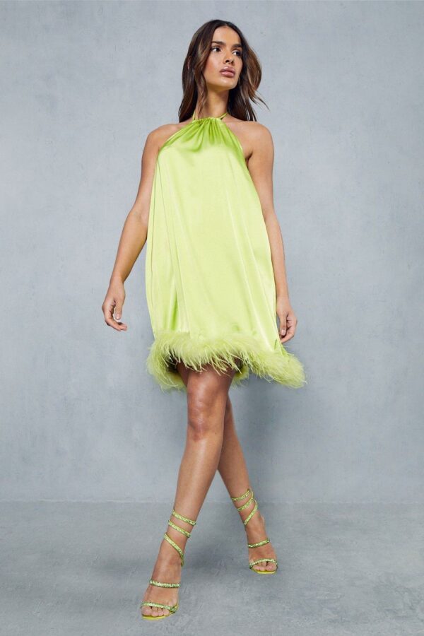 Womens Premium Satin Feather Trim Swing Mini Dress - lime - 8, Lime