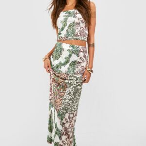 Womens Printed Paisley Bandeau & Column Maxi Skirt - White - 6, White