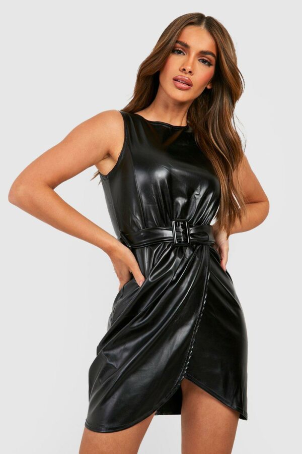 Womens Pu Belted Wrap Bodycon Dress - Black - 8, Black