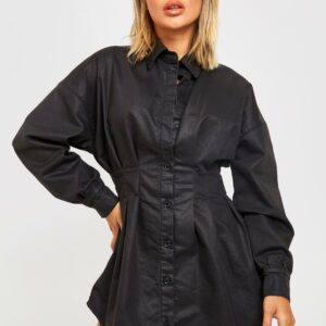 Womens Pu Coated Cinched Waist Denim Shirt Dress - Black - 8, Black