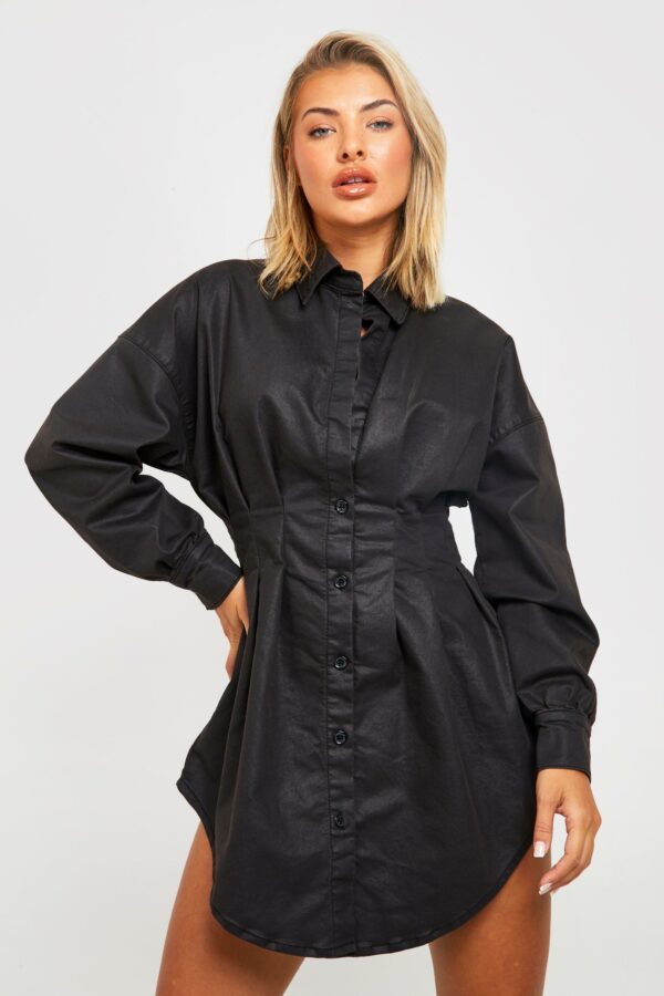 Womens Pu Coated Cinched Waist Denim Shirt Dress - Black - 8, Black