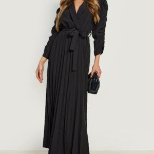 Womens Puff Sleeve Pleated Skirt Midi Dress - Black - S, Black