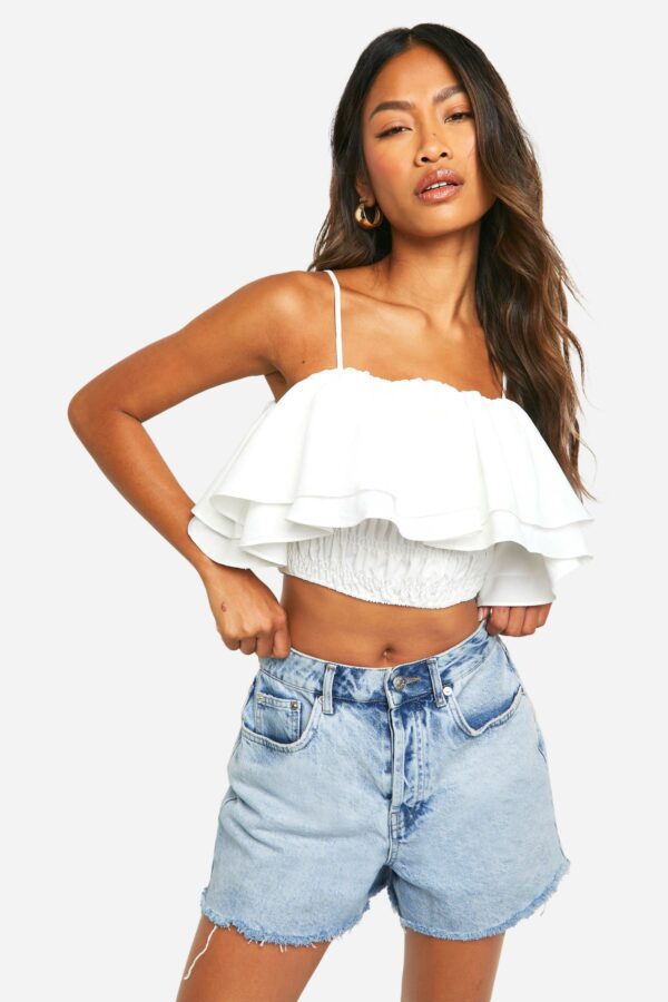 Womens Puffball Cold Shoulder Crop Top - White - 6, White