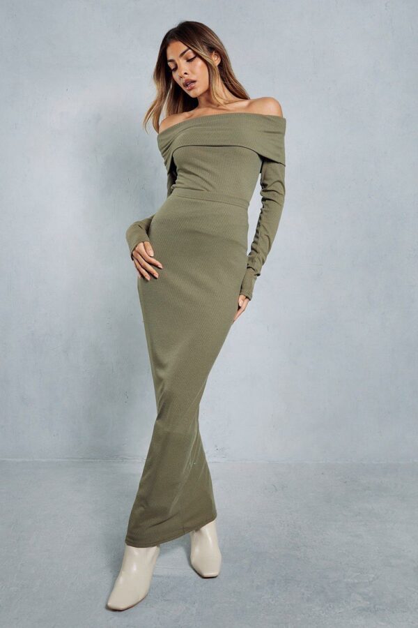 Womens Ribbed Bardot Maxi Skirt Co Ord - khaki - 12, Khaki