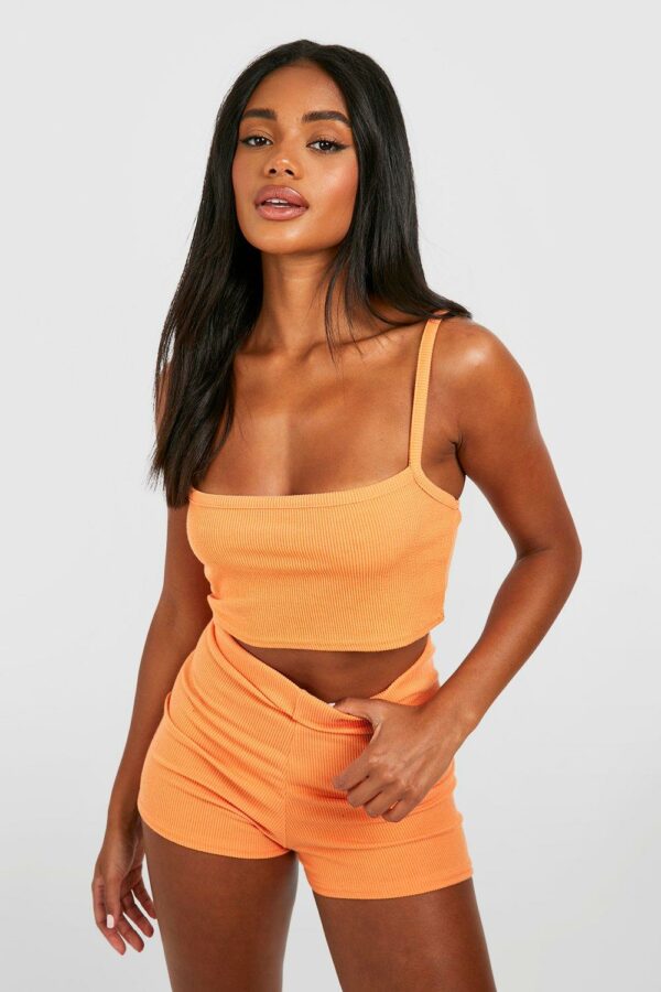 Womens Ribbed Square Neck Bralette & Shorts - Orange - 10, Orange