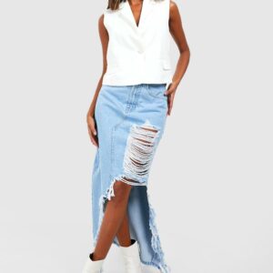 Womens Ripped Split Detail Denim Maxi Skirt - Blue - 10, Blue