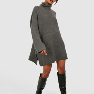 Womens Roll Neck Tunic Jumper Dress - Grey - Xs, Grey