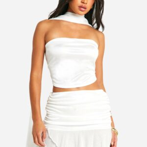 Womens Ruched Stretch Satin Ruffle Mini Skirt - White - 10, White