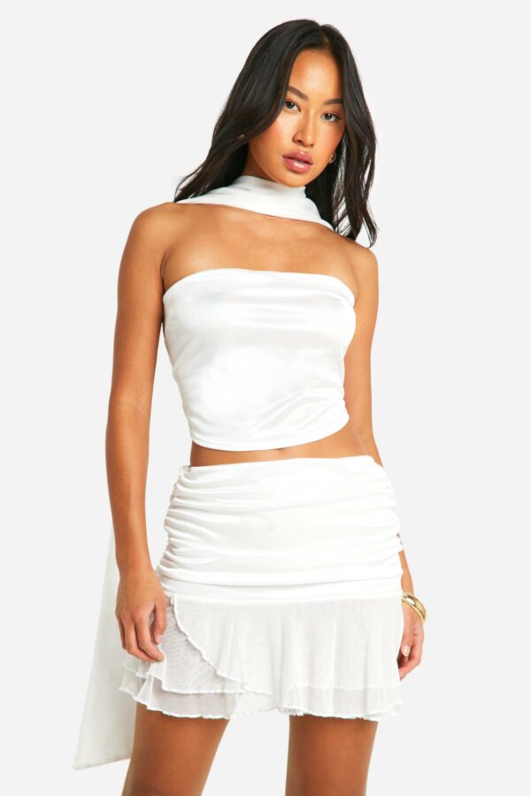 Womens Ruched Stretch Satin Ruffle Mini Skirt - White - 10, White