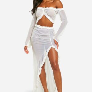 Womens Ruffle Mesh Maxi Skirt - White - 12, White