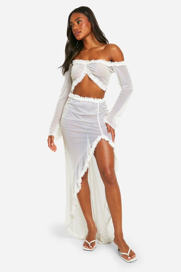 Womens Ruffle Mesh Maxi Skirt - White - 12, White