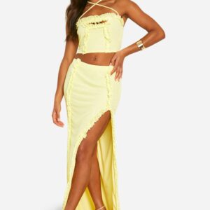 Womens Ruffle Side Split Maxi Skirt - Yellow - 14, Yellow