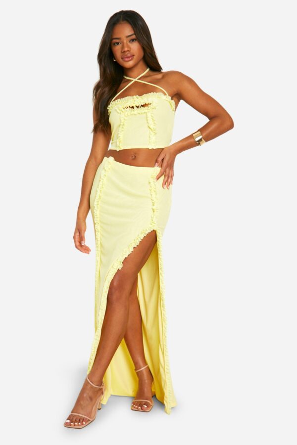 Womens Ruffle Side Split Maxi Skirt - Yellow - 14, Yellow