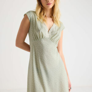 Womens Sage Spot Print Lace Trim Tea Dress