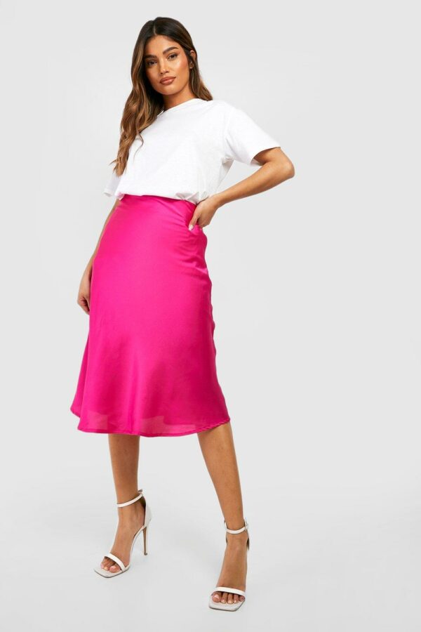 Womens Satin Bias Midi Slip Skirt - Pink - 14, Pink