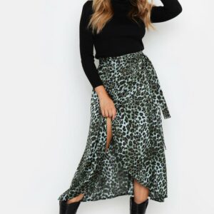 Womens Satin Leopard Wrap Midi Skirt - Green - 12, Green