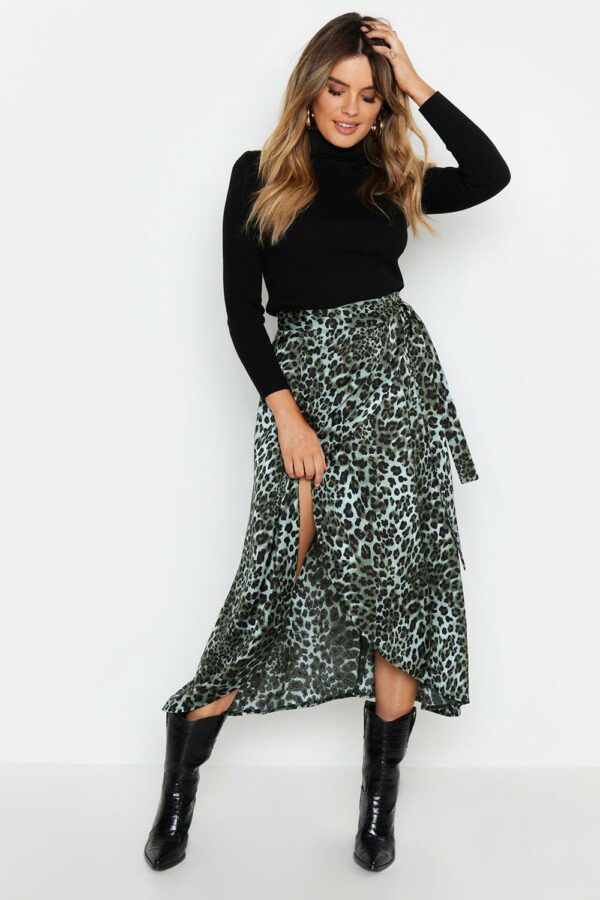 Womens Satin Leopard Wrap Midi Skirt - Green - 12, Green