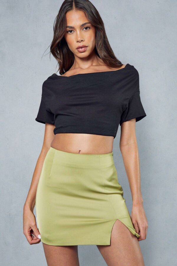 Womens Satin Split Hem Mini Skirt - olive - 6, Olive