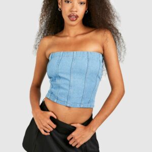 Womens Seam Bandeau Denim Crop Top - Blue - 14, Blue