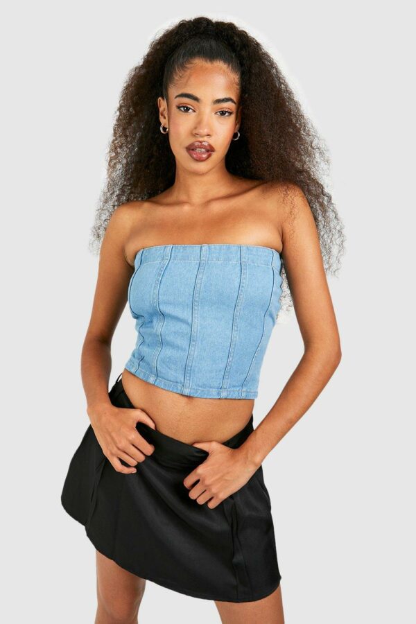 Womens Seam Bandeau Denim Crop Top - Blue - 14, Blue