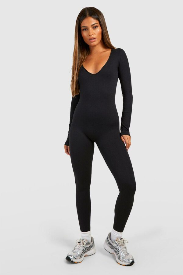 Womens Seamless Contour Rib Scoop Neck Long Sleeve Unitard - Black - S, Black