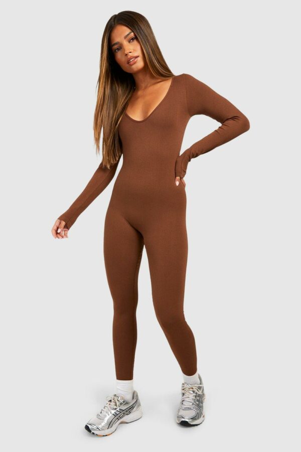 Womens Seamless Contour Rib Scoop Neck Long Sleeve Unitard - Brown - S, Brown