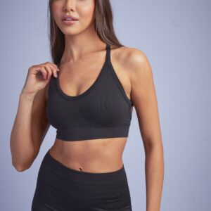 Womens Seamless Rib Plunge Cross Back Sports Bra - Black - S, Black