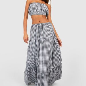 Womens Seersucker Gingham Ruffle Bandeau & Maxi Skirt - Black - 12, Black