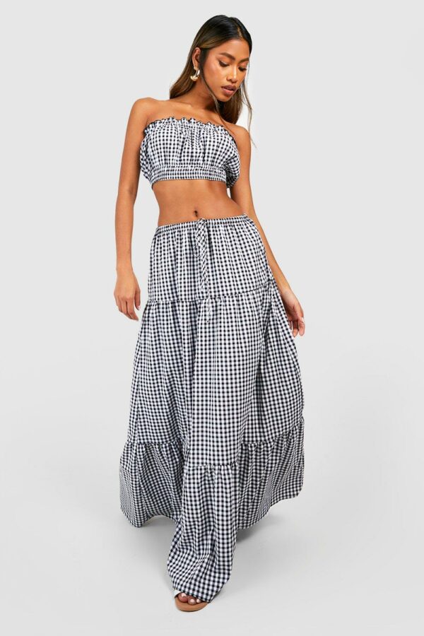 Womens Seersucker Gingham Ruffle Bandeau & Maxi Skirt - Black - 12, Black