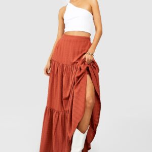 Womens Seersucker Tiered Maxi Skirt - Pink - 12, Pink