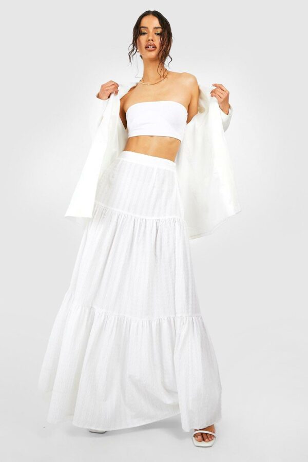 Womens Seersucker Tiered Maxi Skirt - White - 12, White