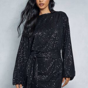 Womens Sequin Belted Long Sleeve Swing Mini Dress - black - 8, Black